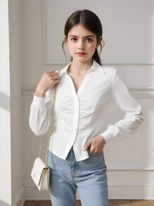 SHEIN Tween Girl Casual Academy Commute Elegant Fitted Collared Button-Front Ruched Gathered Long Sleeve Blouse White Suitable For Back To School, Outings, Parties, Gatherings And More - White - View 8