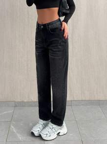 EURMUSE HIHG RISE DARK GREY MOM JEAN WITH WHITE JACRON - Dark Grey - View 4