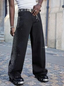 ROMWE MEN Street Life Men's Loose Fit Rhinestone Embellished Pocket Wide Leg Casual Jeans
