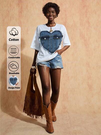 Bóhologie Denim Heart Design Oversize T-Shirt, Cotton Material, Round Neck, Decorative Denim Pocket Detail, Distressed Heart Pattern, Short Sleeves, Casual Wear, Creative Style, Regular Fit, Statement Piece, Perfect For Daily Wear, Unique Design Element, Breathable Cotton Fabric