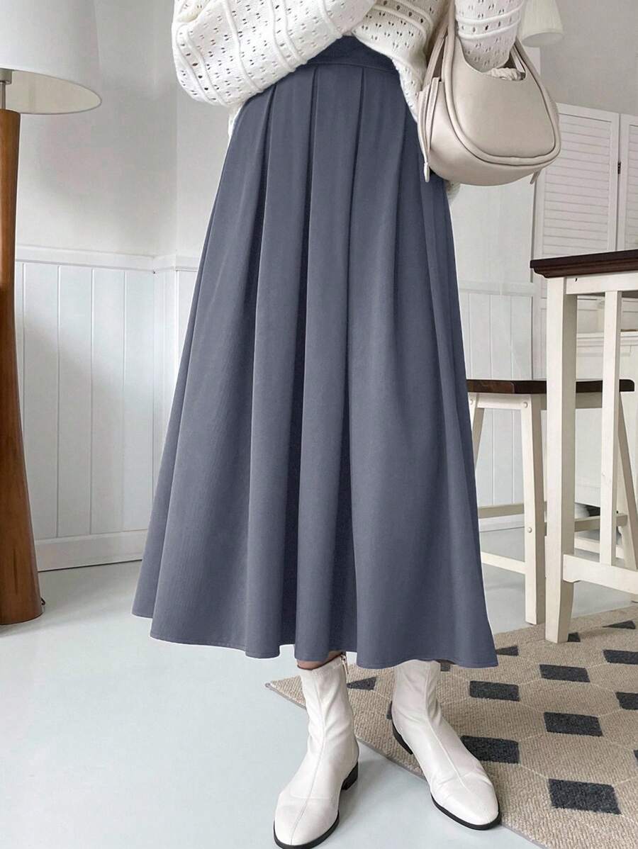 DAZY Chân váy xếp ly chữ A màu trơn, đơn giản, đa năng, phù hợp cho nữ, thích hợp đi làm hàng ngày. - Màu xanh lam - Xem 1