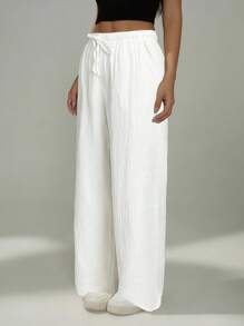 SHEIN PETITE Women Solid Color Waist-Tie Pockets Straight-Leg Pants,Business Casual Woman