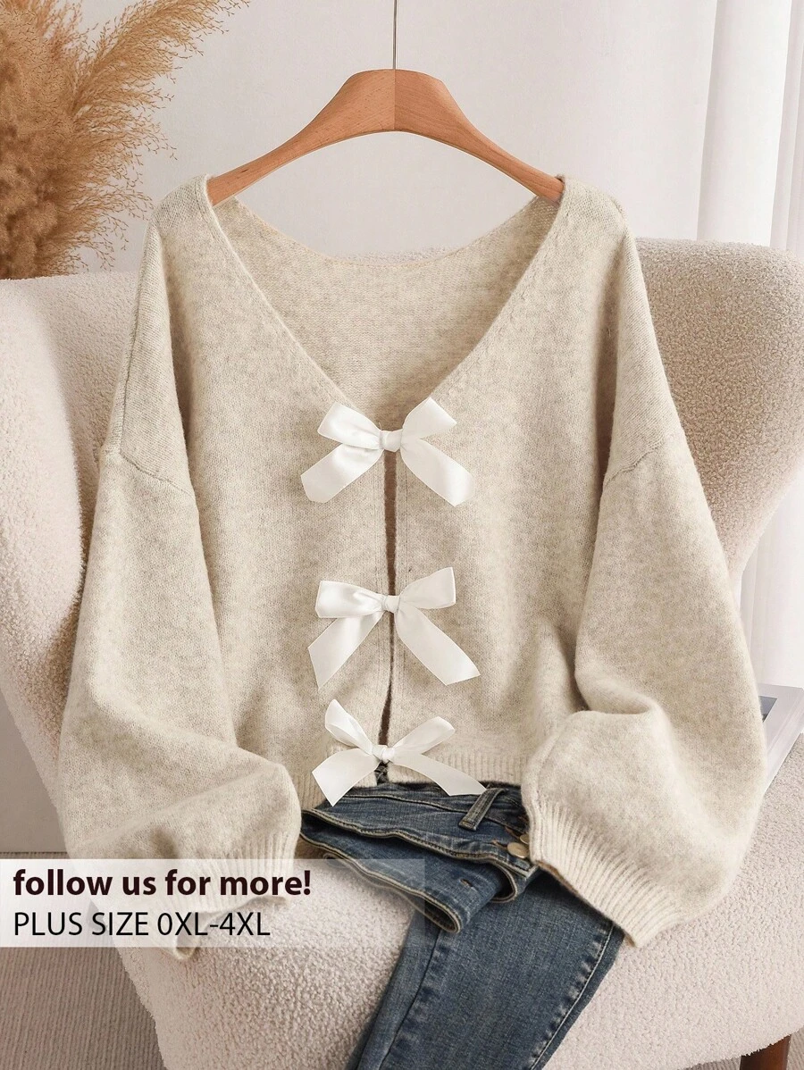 CosyJoli Plus Size Women's Fashion Bow Accent Comfortable Versatile Knitted Sweater For Autumn/Winter Fall