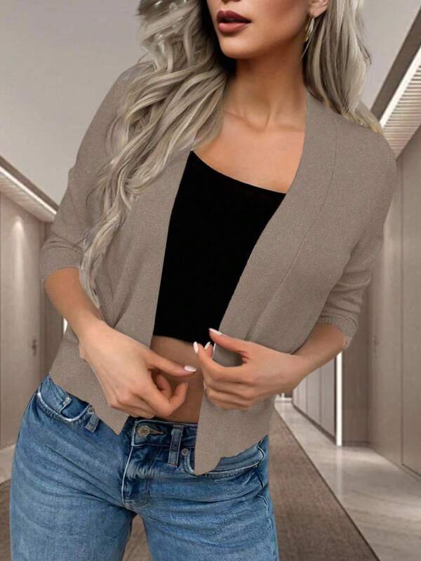 Pariaura V-Neck Short Cropped Casual Knit Cardigan With Mid-Length Sleeves