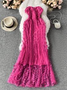 DreamSkyne Abito lungo elegante e sexy da donna, taglie forti, senza spalline, in stile di lusso con decorazione 3D a farfalla, adatto per primavera/estate/autunno/inverno - Fucsia - Visualizzare 8