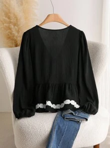 CosyJoli Áo len cardigan cổ chữ V tay dài phối ren chắp vá cỡ lớn, viền bèo nhún, thường ngày - màu đen - Xem 2