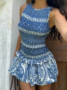 Sunnyshic Women Summer Casual Fashion Resort Print Double Ruffle Trim Sleeveless Mini Dress