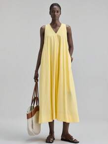 Ontre 女士无袖V领宽松连衣裙，休闲海滩度假装，波西米亚海岛度假风连衣裙，适合音乐节、万圣节、圣诞节、派对等场合，优雅连衣裙 - 黃色 - 查看 4