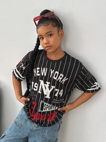 Tween Girl Streetwear Casual Versatile Sports American Team Baseball Striped Graffiti Oversized Short Sleeve Crew Neck T-Shirt,Holiday,Summer,Travel Graphic Tee - Black - View 4