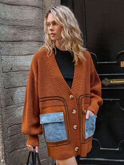 EURMUSE Women's Button-Up Knit Cardigan With Denim-Look Contrast Patch Pockets – Rust Brown Brown Cardigan Oversized Cardigan Button Up Cardigan Cardigan With Pockets Knitted Cardigan / Vintage Chic Fashionable Elegant Metal Button Open Front Solid Color Opaque Sleeveless Round Crew Neck Business Jacket Work Outfits Waistcoat Slim Modest Minimalana Casaul Top Tank Knit Vest Sweater For Women Crew Neck Plain Dolman Fashion Casual Loose Cozy Solid Outfit Lounge Long Sleeve Pullover Wide Leg Pants Tracksui,Cardigans,Petite,Tall