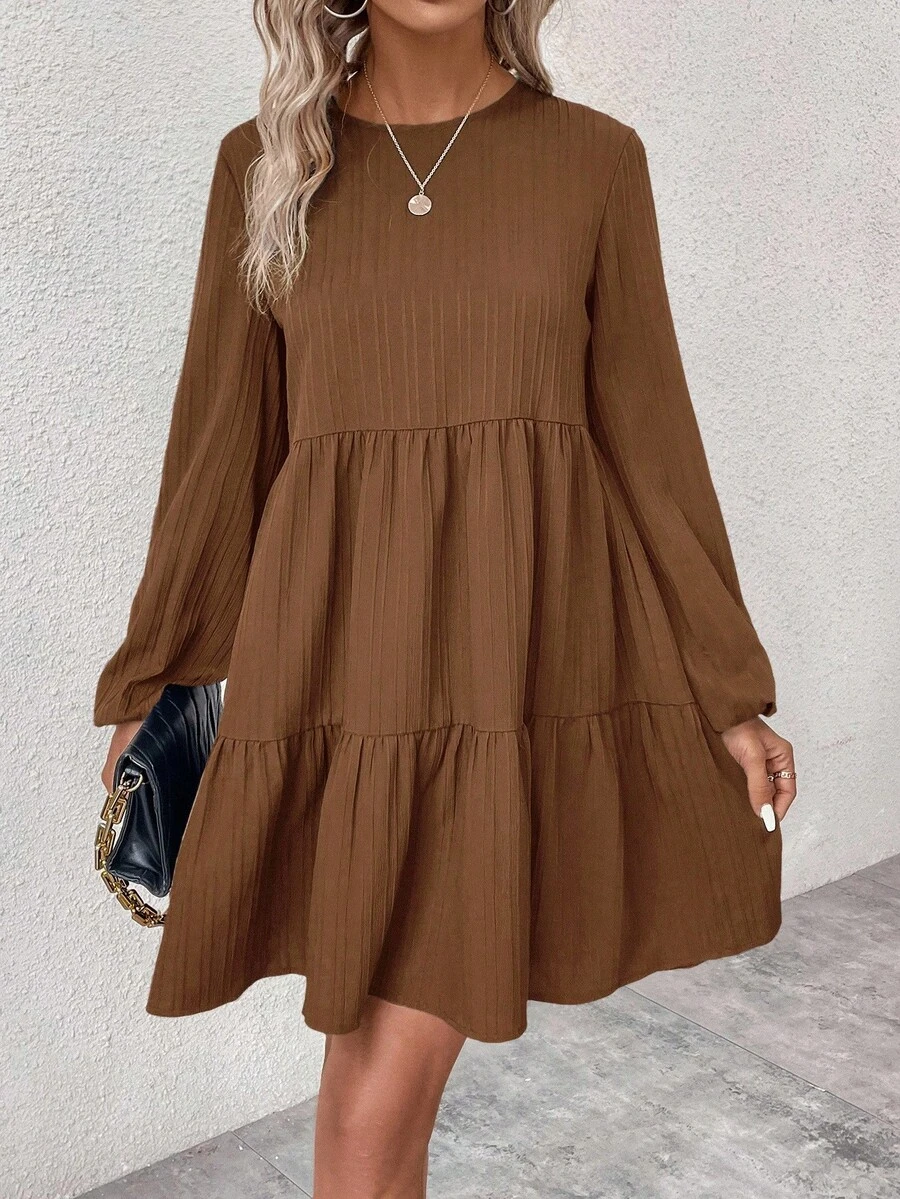 SHEIN LUNE Women's Casual Solid Color Pleated Mini Dress Fall Cloth For Women - Brown - View 1