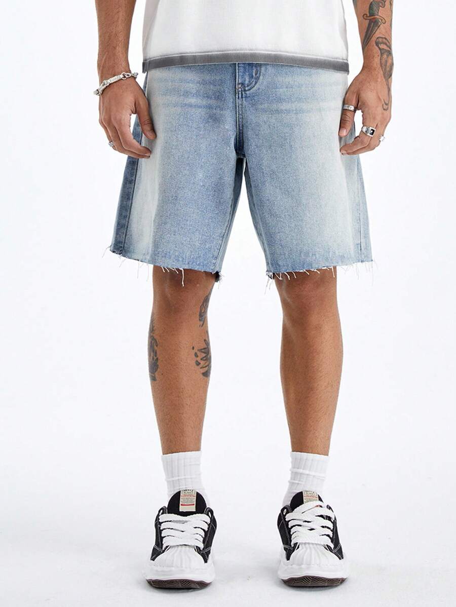 Chillumni 男士百慕大拼布磨边休闲宽松牛仔短裤外出纯色牛仔短裤宽松浅蓝色牛仔短裤，适合丈夫、男朋友的礼物