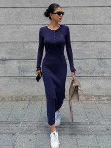 DAZY 美式优雅简约风格高端修身刺绣针织连衣裙，秋季女装女式毛衣裙 - 藏蓝色 - 查看 8