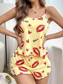 SHEIN 2 pièces Ensemble de pyjama avec débardeur et short à volants avec imprimé lèvres et cœurs - Jaune citron - Voir 6