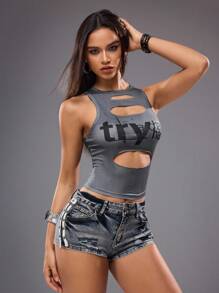 Y2Kool Ronald Lubega 女士灰色性感字母印花镂空露脐修身背心 灰色露脐镂空上衣 灰色上衣 夜店风上衣 朋克风穿搭 灰色露脐休闲上衣