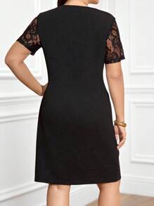 Miaspire Plus Size Women Elegant Short Sleeve Lace Patchwork Black Mini Dress, Gifts For Mother,Summer Holiday,Vacation Outfits Women,Simple And Fashionable For Everyday Wear,Vacay Vibes,Springbreak,Casual Wear SS,Bohemia