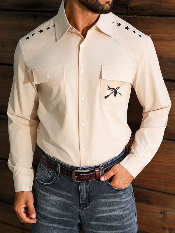 Manfinity Nomadique Camisa casual y de negocios de manga larga con estampado de toro, de corte ajustado, para hombre. Camisa occidental de color crema con botones para hombre, otoño