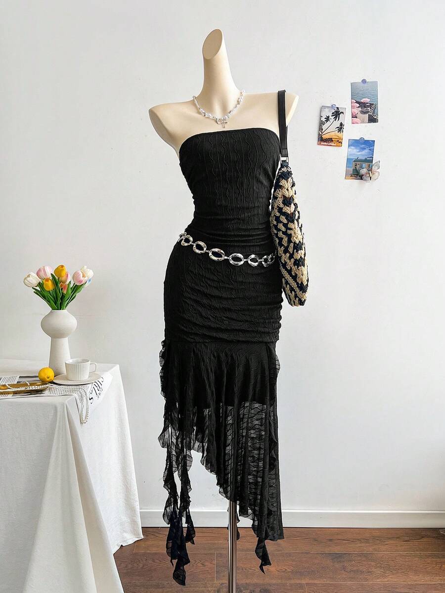 Soleia Váy Bandeau vải voan nhún bèo lãng mạn cho ngày lễ dành cho nữ, thích hợp cho các buổi hẹn hò ngày lễ, tiệc trà chiều, bãi biển, du thuyền, kỳ nghỉ thành phố, mọi mùa, mùa cưới, lễ hội âm nhạc, kỳ nghỉ Boho - màu đen - Xem 1