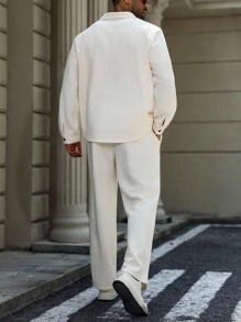 Manfinity Homme 2pcs Men Plus Size Textured Fabric Casual Jacket And Elastic Waist Pants Set, Fall Clothes - Apricot - View 2