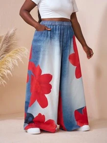 SHEIN CURVE+ Plus Size Floral Print Denim Effect Pants, Autumnfall Clothes For Women,Winter,CURVE PLUS/Autumn /Winter - Multicolor - View 3