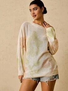 SHEIN VCAY Nuevo suéter de punto ligero con cuello redondo y estampado artístico vintage de teñido anudado para mujer, para primavera/verano en otoño/invierno - Albaricoque - Ver 3