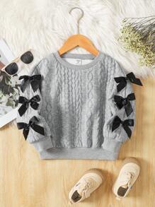 SHEIN Young Girl Bowknot Decor Knitted Padded Sweatshirt,Princess 7th Birthday Career Day Back-To-School Autumn Color-Block Round Neck Cropped Sweatshirt - Grey - View 2