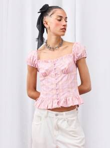 COUREZ Camisa ajustada a cuadros con mangas abullonadas y dobladillo con volantes / Tops lindos de estilo Y2K para salir, tops sexy de corsé - Rosa Pálido - Ver 4