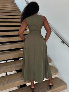 Alexandranx Black Date Night Lateral Cross Frenulum Solid Ruched Detail Long Dress,Summer Dresses For Women - Army Green - View 2