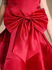 Glamorique Kids Red Summer Satin Traditional Wedding Kids Dress,Girl's Princess Big Bow Puff Ball Gown,Christmas Santa New Year Partywear,Piano Performance Birthday - Red - View 6