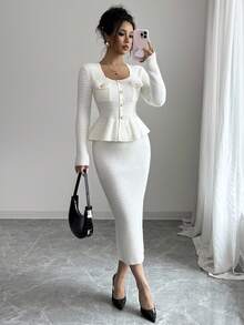 Elenzga 优雅女士两件套针织开衫和针织铅笔裙 - 米色 - 查看 4