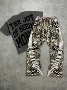 Manfinity Roghcode Men's Loose Portrait Graphic Short Sleeve T-Shirt And Pants Set, Summer - Grey - View 5