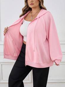 SHEIN CURVE+ Moletom feminino plus size, casual, com capuz, manga comprida, para combinar com tudo, Pinkfall, roupas femininas, inverno, CURVE PLUS, outono/inverno - Rosa - Ver 10