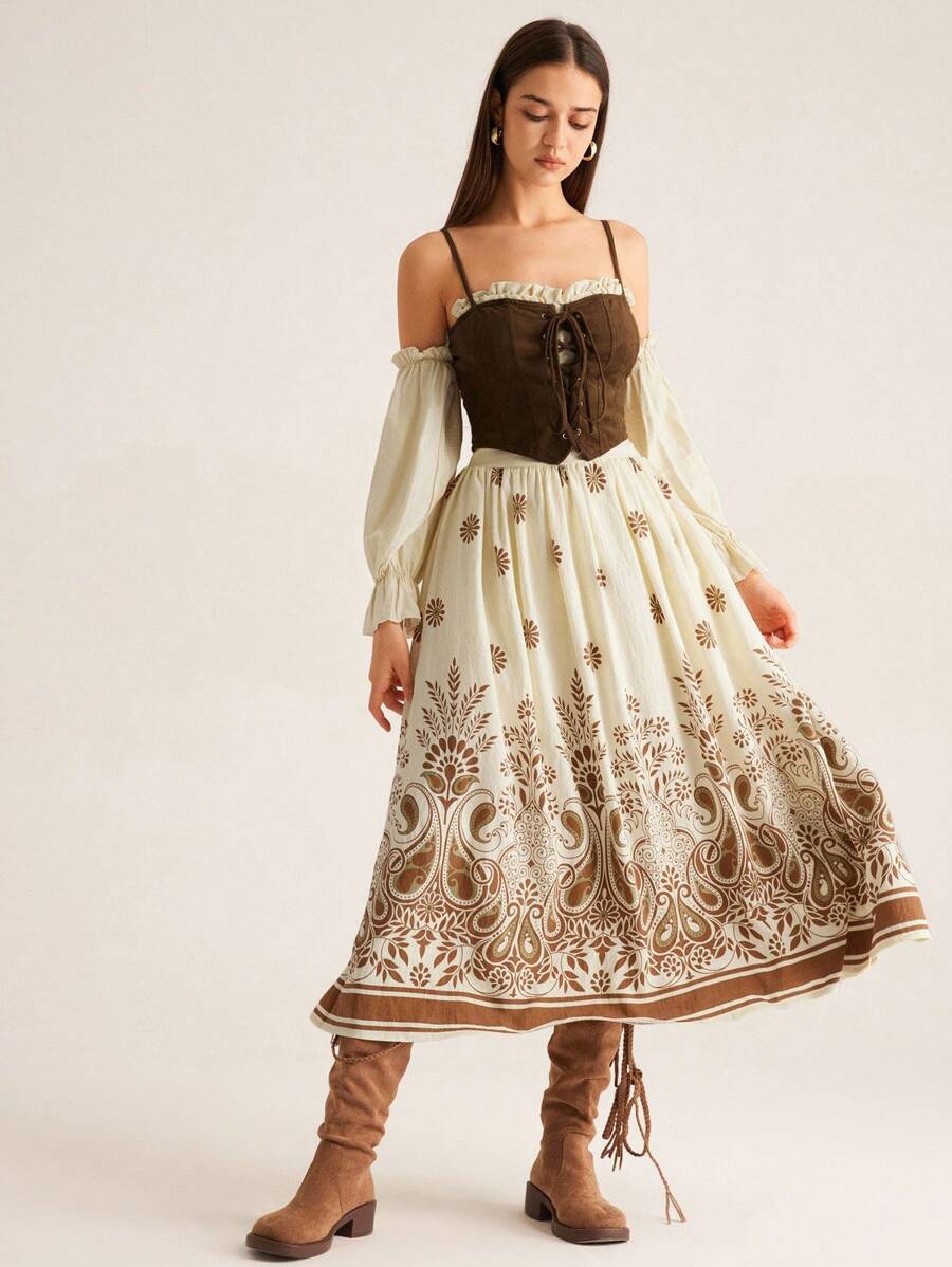 GENKIRA Elegant Luxury German Oktoberfest Off Shoulder Suede Floral Print Dress & Cardigan Set For Women Fall Cloth For Women - Multicolor - View 1