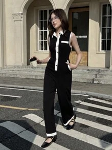 少女夏季休闲撞色装饰纽扣半开襟连体裤 - 黑色 - 查看 6