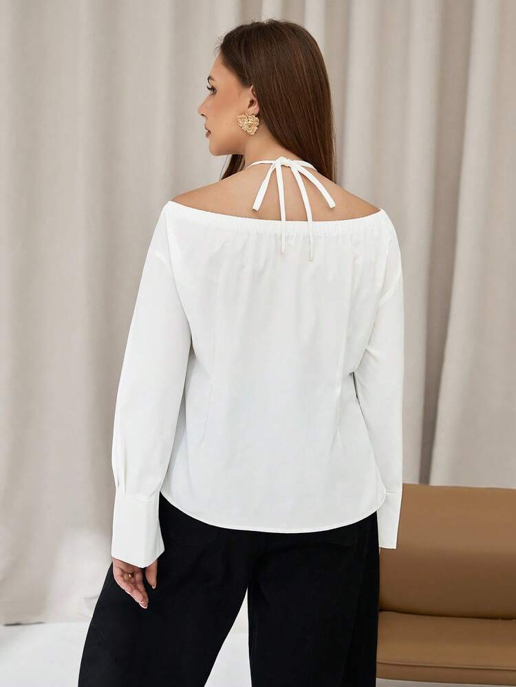 Auralis Plus Size Elegant Forensen Effen T-shirt met Gedraaide Hals - Wit - Bekijken 2