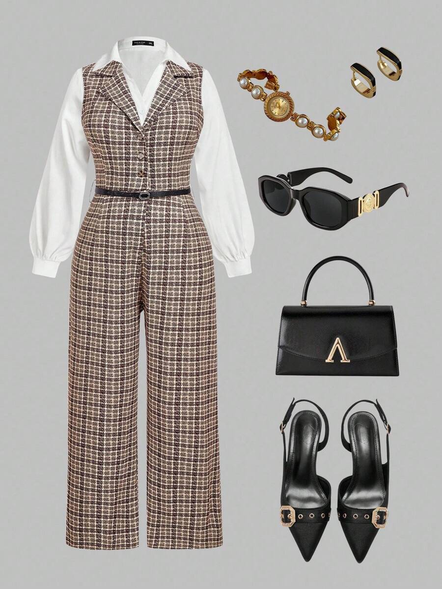 SHEIN MOD Plus Size Women's Plaid Lapel Collar Wide-Leg Jumpsuit With Belt,Chocolate Brown Summer Elegant Formal Old Money Style Urban Commuting Retro Jumpsuit - Multicolor - View 1