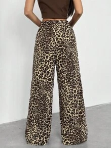 SHEIN Sparklyn 少女豹纹系腰阔腿宽松裤