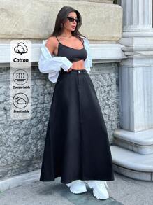 EURMUSE 100% Cotton A-LINE BLACK DENIM SKIRT - Black - View 1