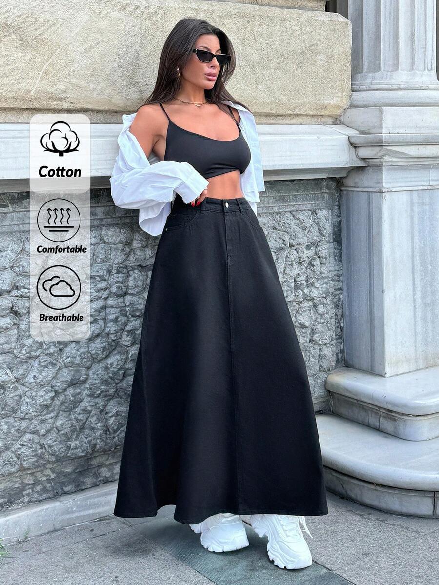 EURMUSE 100% Cotton A-LINE BLACK DENIM SKIRT - Black - View 1