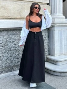 EURMUSE 100% Cotton A-LINE BLACK DENIM SKIRT - Black - View 9