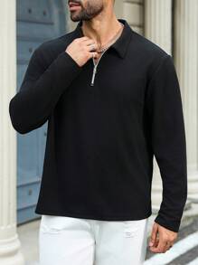 Manfinity Homme 男士大尺碼休閒四分之一拉鍊黑色 Polo 衫，秋季長袖上衣，正式款 - 黑色 - 查看 5