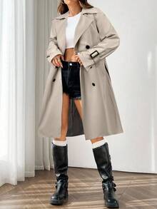 SHEIN EZwear 女款杏色缺角领双排扣长袖防皱时尚风衣 秋冬 - 杏色 - 查看 5