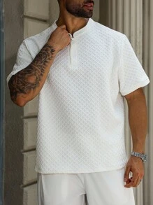 Manfinity Homme Áo thun polo tay ngắn cổ đứng cài nút phía trước màu trơn cỡ lớn dành cho nam - trắng - Xem 7