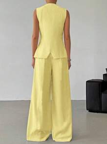 SHEIN EZwear Yellow Linen Sleeveless Jacket And Pants Casual Suit Set For Plus Size Women In Fall/Winter - Yellow - View 2