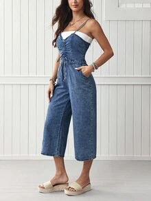 EMERY ROSE 女式前抽绳阔腿休闲牛仔连身裤 - 中等水洗藍 - 查看 3