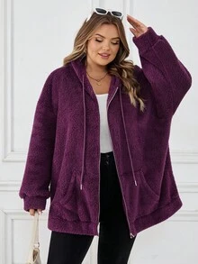 SHEIN CURVE+ Women's Plus Size Thermal Lined Hooded Zip-Up Jacket, Autumn/Winter Fall/Autumn /Winter - Purple - View 5