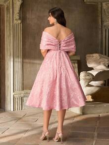 Aureia 加大码夏季优雅浪漫奢华粉色提花缎面露肩褶皱超喇叭连衣裙，适合晚会、度假、约会、生日、舞会、毕业典礼、音乐节、婚礼、正式场合