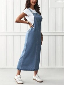 EMERY ROSE 女士時尚純色牛仔連身裙 - 淺色水洗藍 - 查看 6