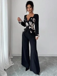 Modelyn 女式秋季针织套装，黑色拼布网眼刺绣修身两件套 - 黑色 - 查看 1