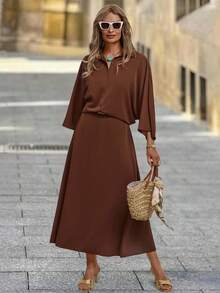 SHEIN Clasi Women's Elegant Autumn Shirt Dress 2 Pieces Set,Coffee Brown Vintage French Style Outfit,Teacher Outfits,Fall Clothes,Brunch Country Suit - Mocha Brown - View 6